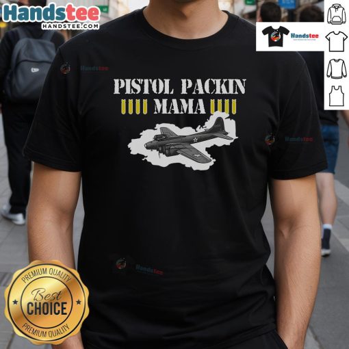 Vintage Nice Pistol Packin Mama Aircraft T-Shirt featuring retro design and classic style for aviation enthusiasts.