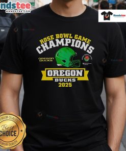 2025 Rose Bowl Game Champions Oregon Ducks T-Shirt featuring team colors and logo celebrating their victory.