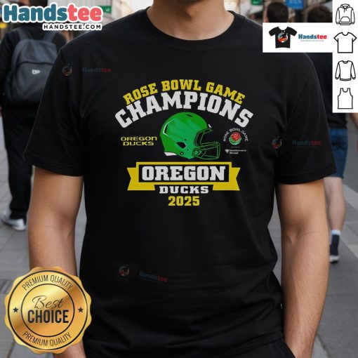 2025 Rose Bowl Game Champions Oregon Ducks T-Shirt featuring team colors and logo celebrating their victory.