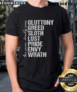 Vintage distressed t-shirt featuring the Seven Deadly Sins design, perfect for casual wear and fans of unique apparel.