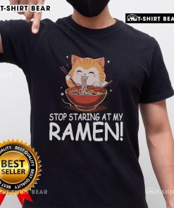 Funny cat t-shirt with 'Stop Staring At My Ramen' graphic, featuring a quirky cat and noodles design for noodle lovers.