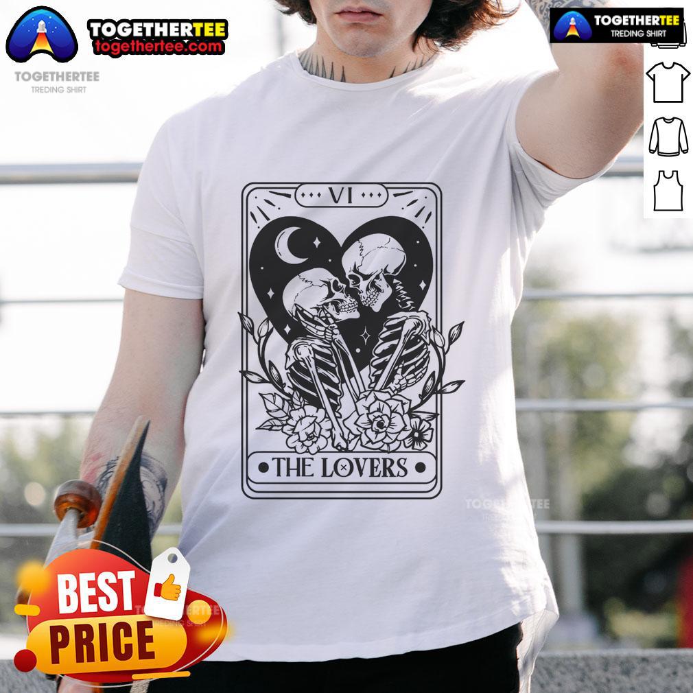 Nice The Lovers Tarot Card Skeleton Lovers Valentine Skeletons T Shirt Alt Text: Skeleton Lovers Tarot Card T-Shirt featuring the Nice The Lovers design, perfect for Valentine's Day.