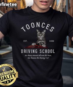 Nice Toonces Driving School T-Shirt featuring a cartoon cat driving, established 1989. Perfect for cat lovers and driving enthusiasts!