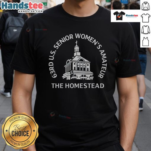 Official 63Dr US Senior Women's Amateur The Homestead T-shirt featuring logo and stylish design for golf enthusiasts.