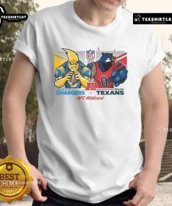 2025 AFC Wildcard Matchup T-Shirt featuring Los Angeles Chargers and Houston Texans mascots, perfect for football fans.