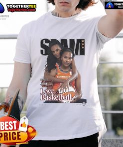 Official Alyssa Thomas and Dewanna Bonner Love and Basketball Slam Cover T-Shirt featuring vibrant graphics and team logos.