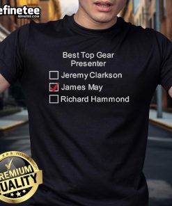 Official Best Top Gear Presenter T-Shirt featuring Jeremy Clarkson, James May, and Richard Hammond in a dynamic design.