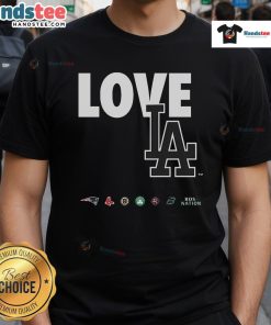 Official Boston Sports Teams Love Los Angeles 2025 T-Shirt featuring vibrant graphics and team logos for fans.