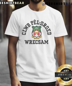 Alt Text: Official Clwb Pel-Droed Wrexham AFC Crest T-Shirt featuring vibrant club colors and logo for fans.