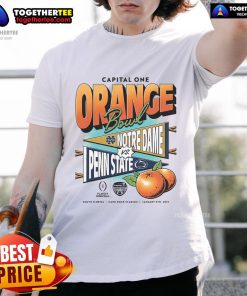 Official College Football Playoff T-Shirt featuring Notre Dame vs Penn State 2025 Capital One Orange Bowl design.