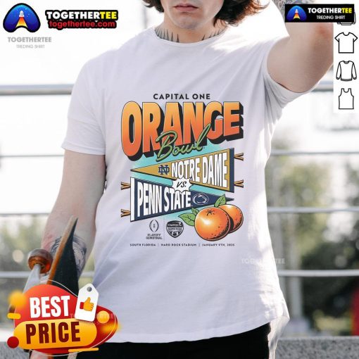 Official College Football Playoff T-Shirt featuring Notre Dame vs Penn State 2025 Capital One Orange Bowl design.