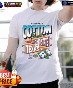 Official College Football Playoff T-Shirt featuring Ohio State vs Texas 2025 Goodyear Cotton Bowl design.