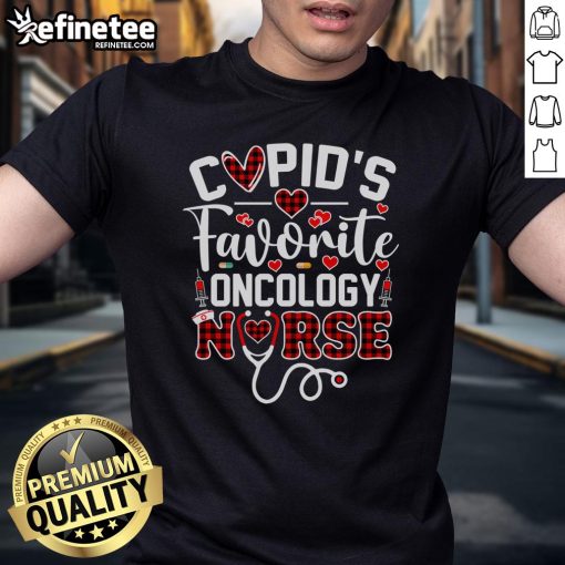 Official Cupid's Favorite Oncology Nurse Funny Valentines Day T-Shirt featuring a playful design for healthcare professionals.