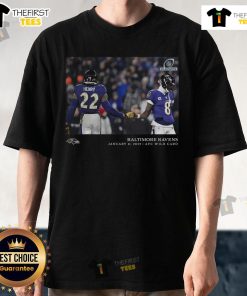 Alt Text: Derrick Henry Baltimore Ravens NFL Flash Features Wild Card T-Shirt showcasing vibrant design and team logo.