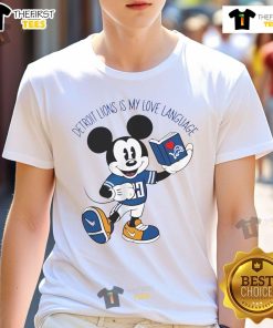 Official Detroit Lions Is My Love Language Disney Mickey Book 2024 T-Shirt featuring Mickey Mouse and team colors.