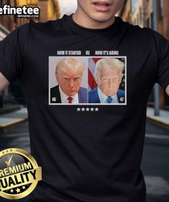 Official Donald Trump How It Started Vs How It's Going 45-47 T-Shirt featuring bold graphics and patriotic colors.