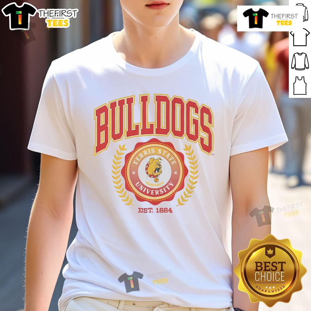Official Ferris State Bulldogs Team Crest T Shirt Alt Text: Official Ferris State Bulldogs team crest t-shirt featuring bold logo design, perfect for fans and alumni.