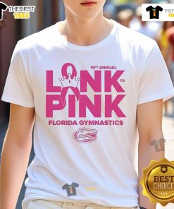 Official Florida Gators 2025 Gymnastics Link To Pink T-Shirt featuring vibrant graphics and team logo for fans.