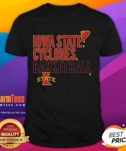 Alt Text: Official Iowa State Cyclones Basketball Text Logo Overlay T-Shirt featuring vibrant team colors and logo design.