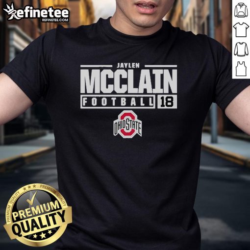 Alt Text: Official Jaylen McClain 18 Ohio State T-Shirt featuring team colors and logo, perfect for fans and supporters.