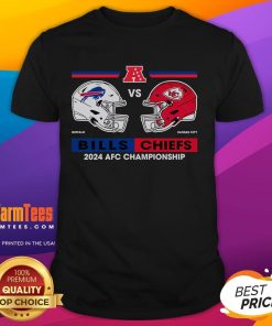 Official Kansas City Chiefs vs Buffalo Bills 2024 AFC Championship T-Shirt featuring team logos and vibrant colors.