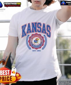 Official Kansas Jayhawks Team Crest T-Shirt featuring the iconic logo on a vibrant blue background, perfect for fans.