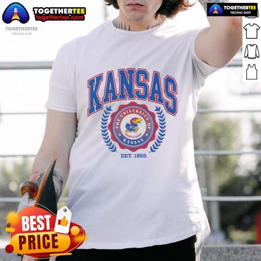 Official Kansas Jayhawks Team Crest T-Shirt featuring the iconic logo on a vibrant blue background, perfect for fans.