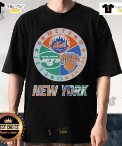 Official Knicks X New York Mets X New York Jets T-Shirt showcasing team logos, perfect for NYC sports fans.