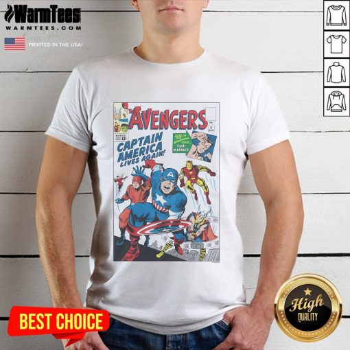 Official Marvel Avengers Captain America Lives Again Issue T-Shirt featuring iconic artwork and vibrant colors.