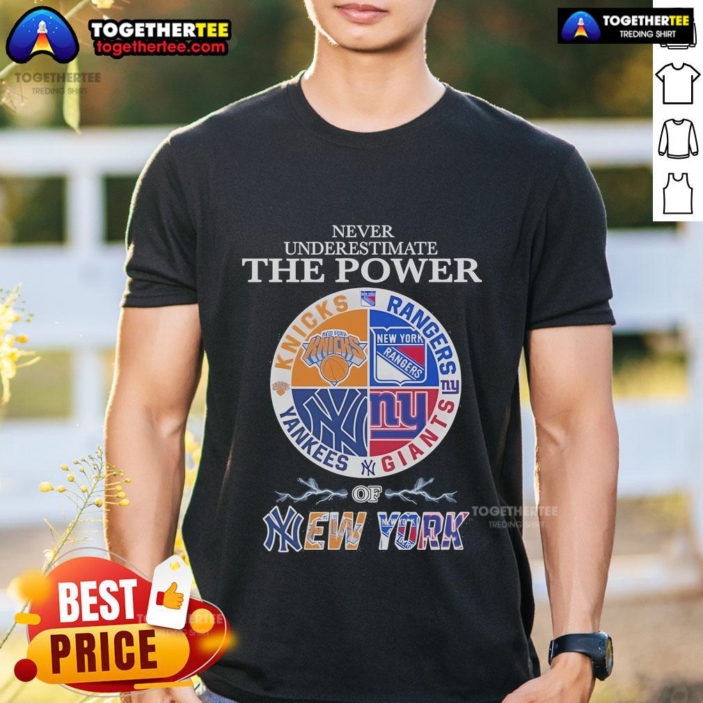 Official Never Underestimate The Power Of New York T Shirt Alt Text: Official Never Underestimate The Power Of New York T-Shirt design featuring bold typography on a stylish tee.
