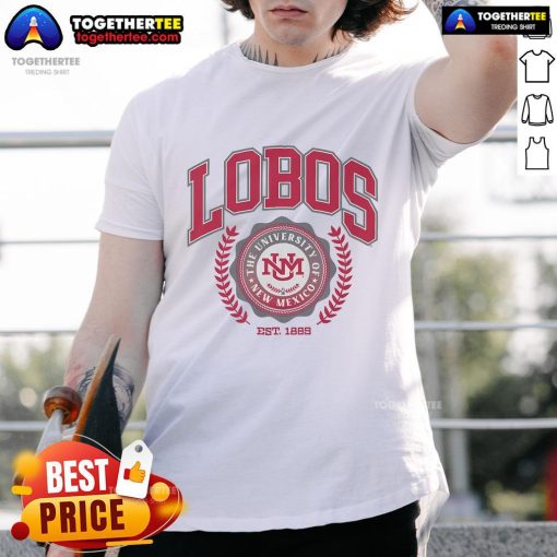 Official New Mexico Lobos team crest t-shirt featuring bold logo and vibrant colors, perfect for fans and supporters.