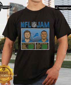 Official NFL Jam Lions Hutchinson and St. Brown T-Shirt featuring team graphics and player names for fans.