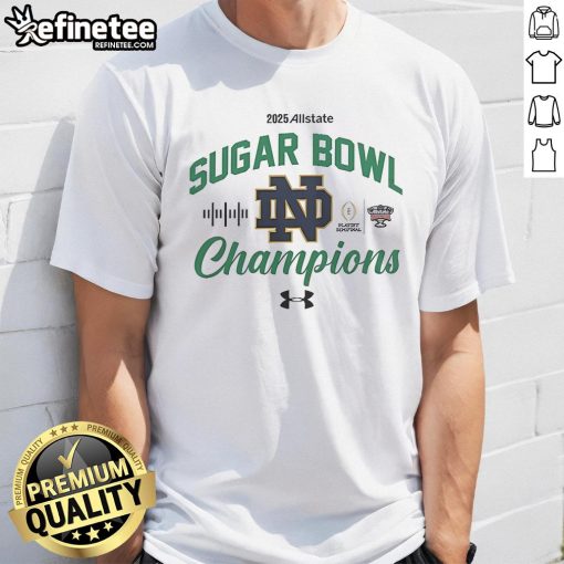 Official Notre Dame 2025 Allstate Sugar Bowl Champions NCAA Division T-Shirt featuring team logo and championship graphics.