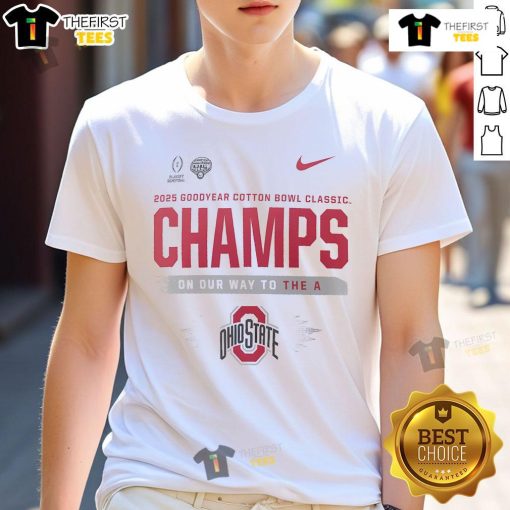 Ohio State Buckeyes Nike Cotton Bowl Champions 2025 Locker Room T-Shirt featuring team logo and playoff design.
