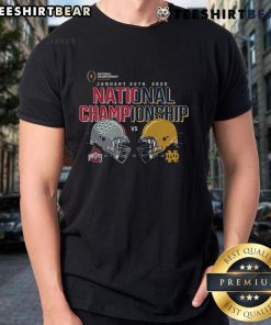Official Ohio State Buckeyes vs Notre Dame Fighting Irish 2025 National Championship T-Shirt featuring team logos.
