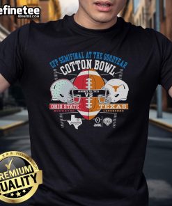 Official Ohio State Buckeyes vs Texas Longhorns 2025 CFP Semifinal Cotton Bowl T-Shirt showcasing team logos and vibrant design.