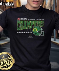 Official Oregon Ducks 2025 Rose Bowl Champions t-shirt featuring college football playoff helmet design.