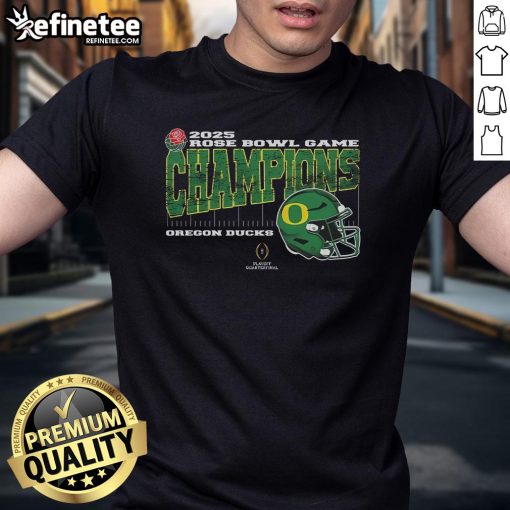 Official Oregon Ducks 2025 Rose Bowl Champions t-shirt featuring college football playoff helmet design.
