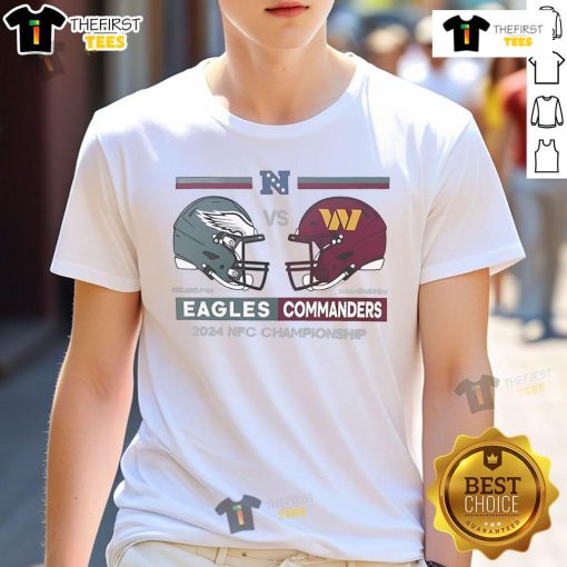 Alt Text: Official Philadelphia Eagles vs Washington Commanders 2024 NFC Championship helmet t-shirt design featuring team logos.