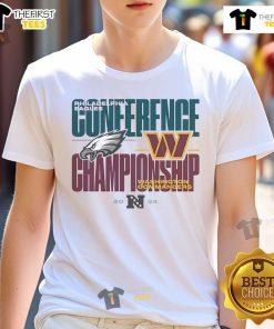 Alt Text: Official Philadelphia Eagles vs Washington Commanders 2024 NFC Championship T-shirt featuring team logos and vibrant design.