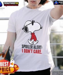 Official Snoopy Spoiler Alert I Don't Care T-Shirt featuring Snoopy's playful design, perfect for casual wear enthusiasts.
