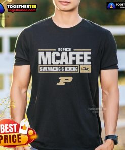 Official Sophie Mcafee Swimming & Diving Purdue Boilermakers T-Shirt in black with team logo, perfect for fans and athletes.