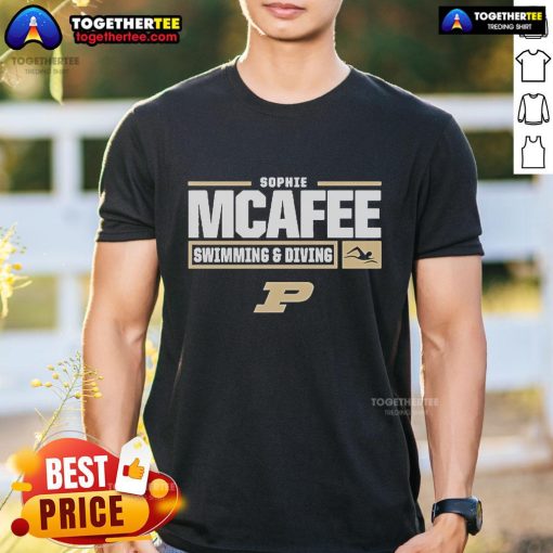Official Sophie Mcafee Swimming & Diving Purdue Boilermakers T-Shirt in black with team logo, perfect for fans and athletes.