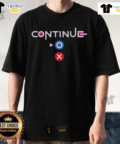 Official Squid Game Continue O X T-Shirt featuring iconic game symbols for fans of the popular Netflix series.
