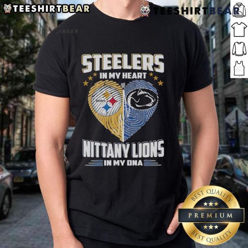 Official Steelers In My Heart Nittany Lions In My DNA T-Shirt featuring team logos and a stylish design for fans.