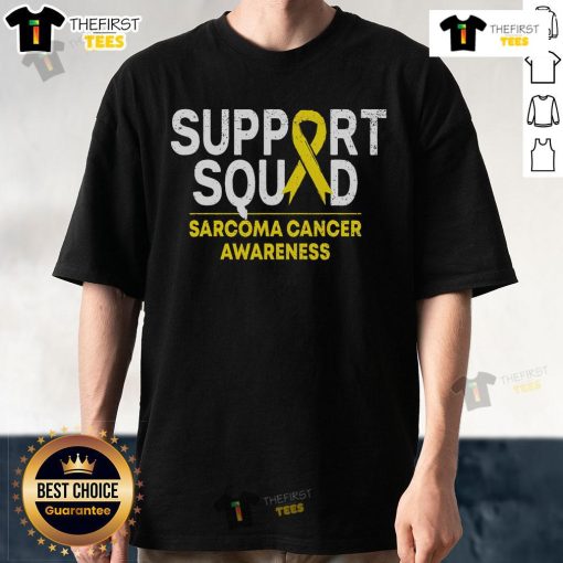 Official Support Squad Sarcoma Cancer Awareness Yellow Ribbon T-Shirt featuring a vibrant yellow ribbon design.