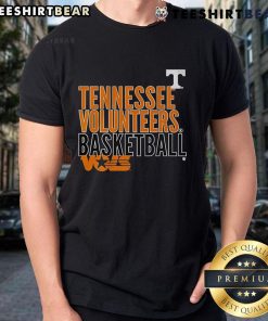 Official Tennessee Volunteers Basketball Vols text logo overlay T-shirt featuring vibrant colors and bold design.