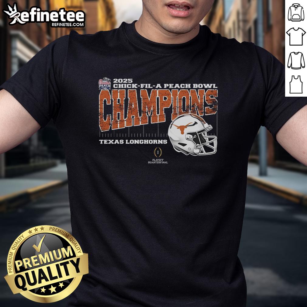 Official Texas Longhorns 2025 Chick Fil A Peach Bowl Champions College Football Playoff Helmet T-Shirt Texas Longhorns 2025 Chick Fil A Peach Bowl Champions T-Shirt featuring college football playoff helmet design.