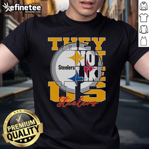 Alt Text: Official They Not Like Us Pittsburgh Steelers NFL football t-shirt featuring team colors and logo design.