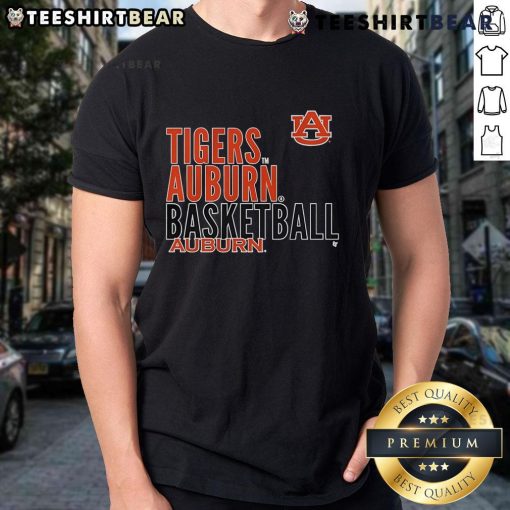 Official Tigers Auburn Basketball text logo overlay t-shirt featuring bold team colors and logo design for fans.